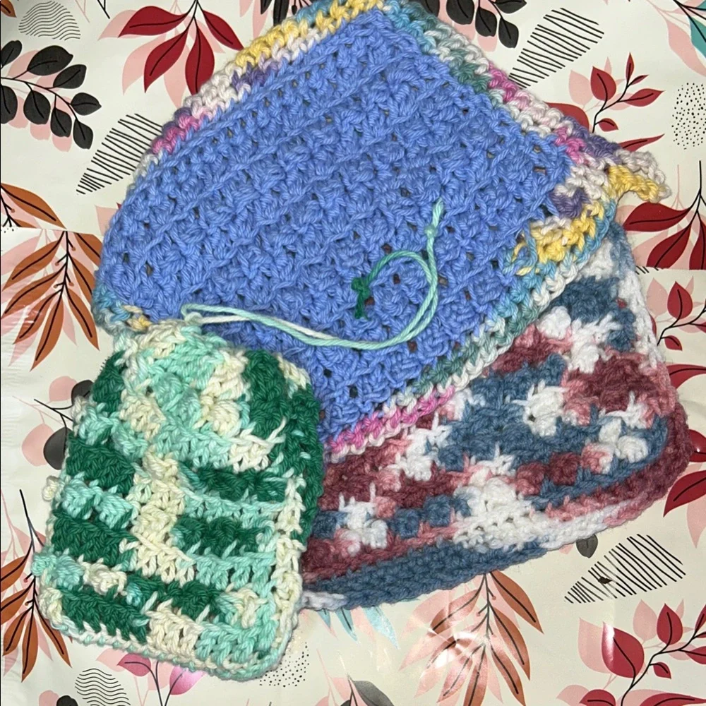 Handmade Crochet wash cloths and draw string bag for soap slivers. In blue green